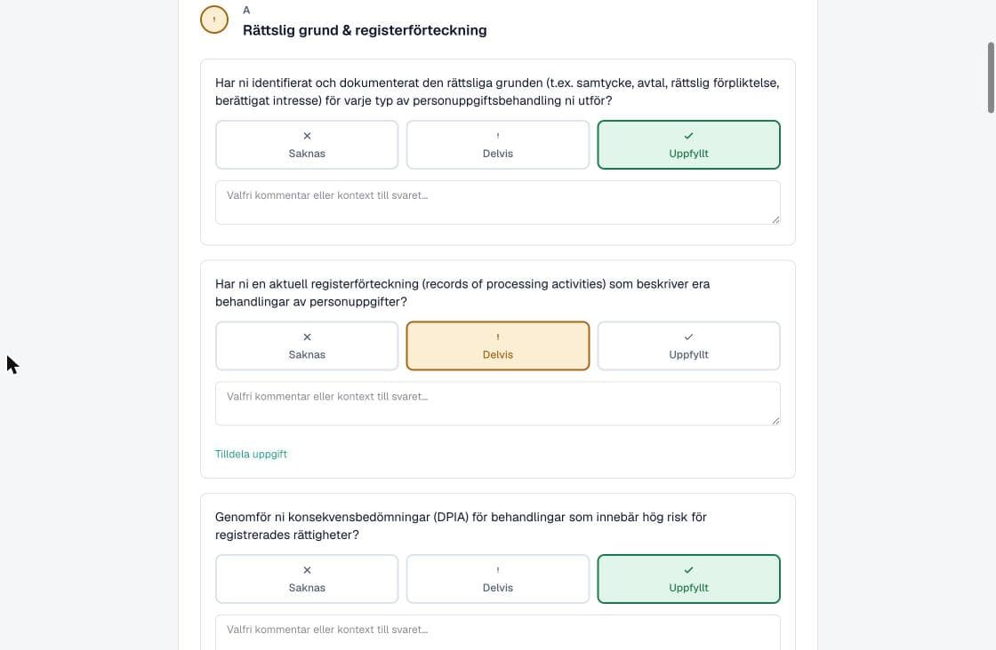 GDPR-gapanalysen med frågor om rättslig grund och registerförteckning