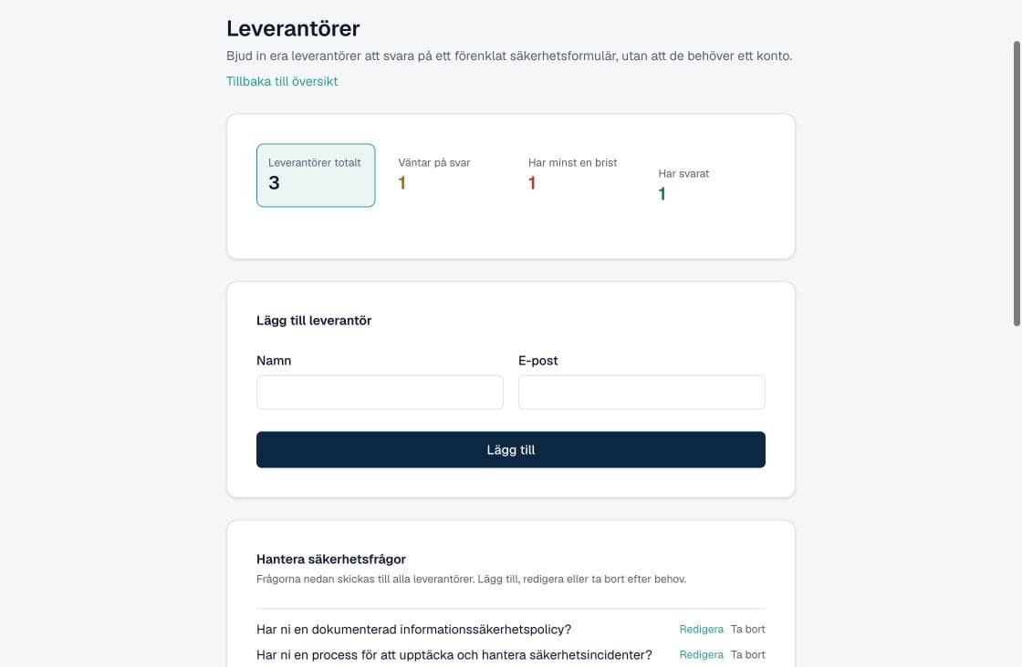 Leverantörsöversikt med status: väntar på svar, har brist och har svarat