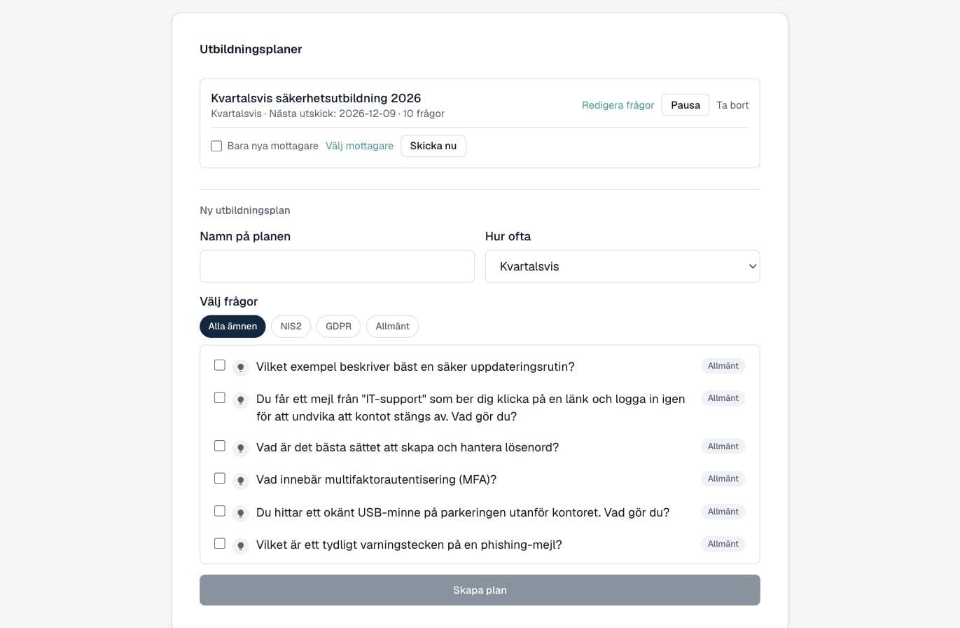 Utbildningsplan och frågebank för återkommande säkerhetsquiz
