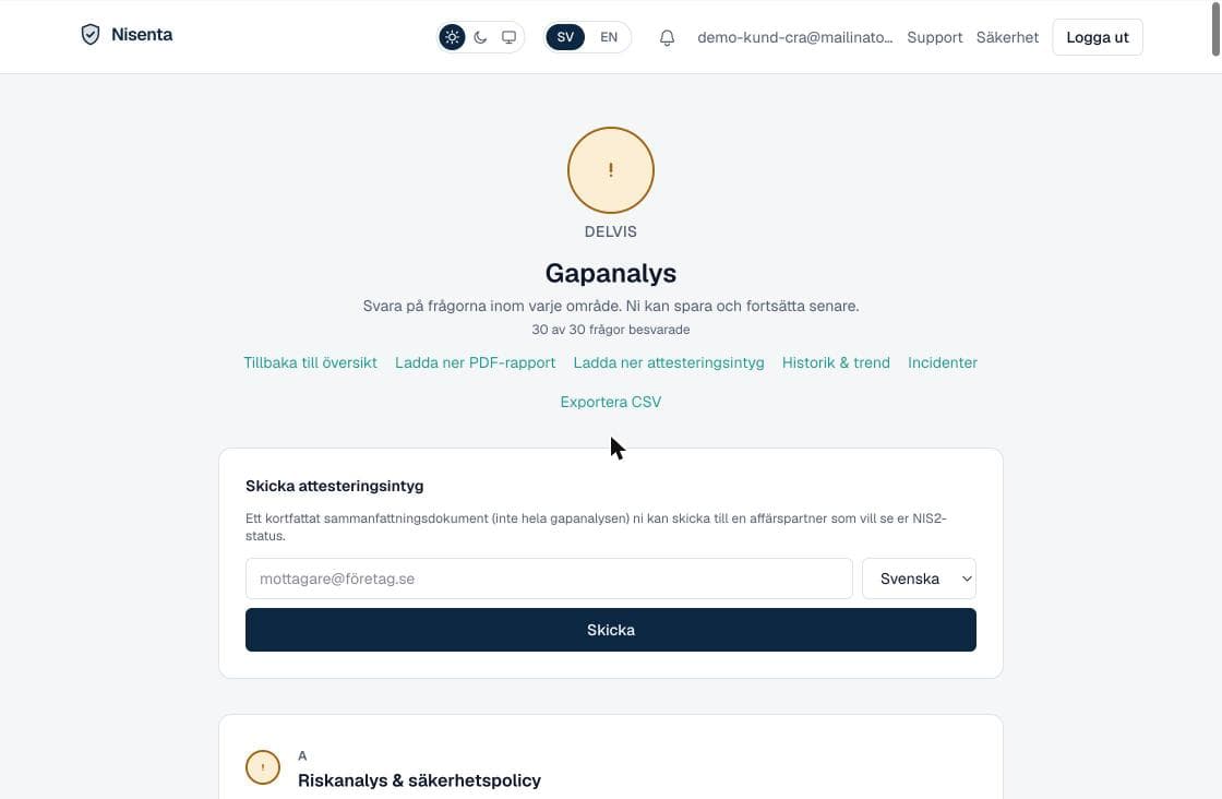 Nedladdning av PDF-rapport, attesteringsintyg och sammanfattning för affärspartner