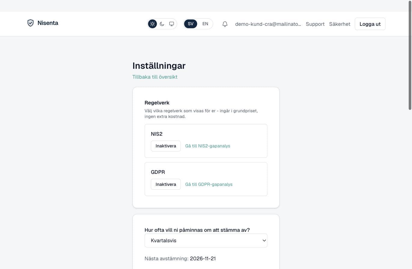 Inställningar med val av regelverk, avstämningsfrekvens och team