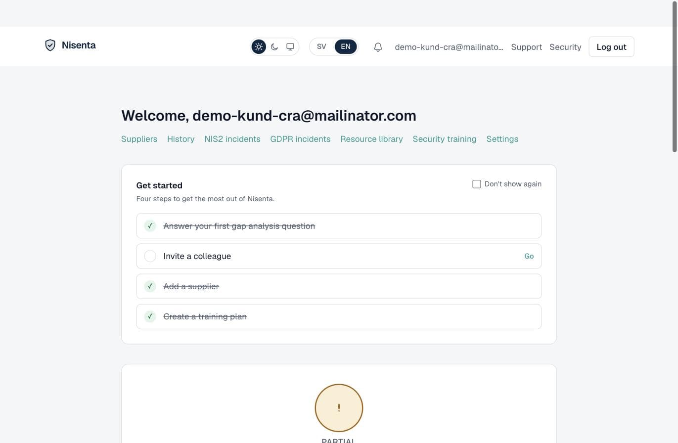 The Nisenta overview with the getting-started checklist and overall compliance level