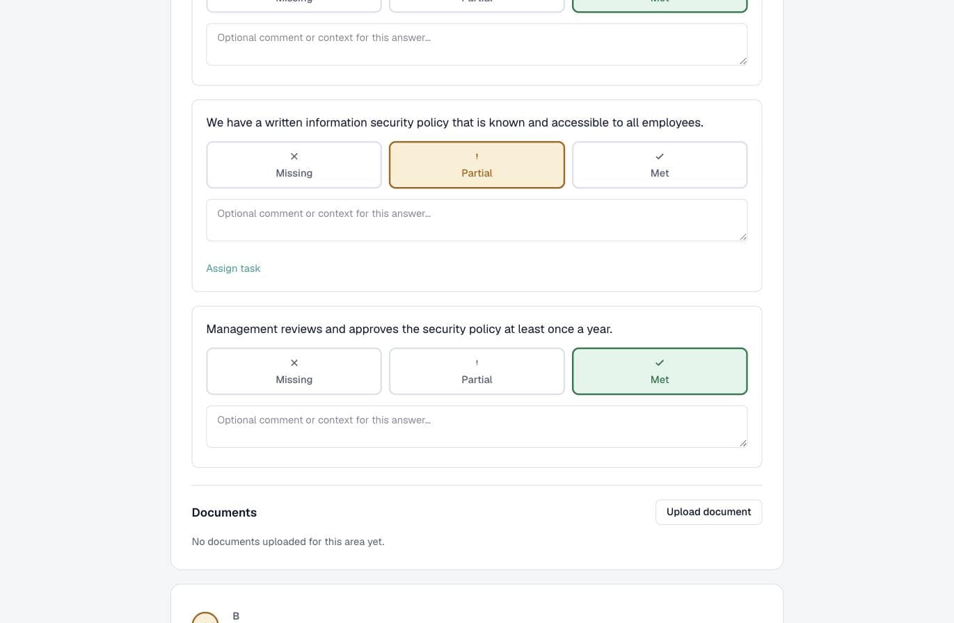 A question in the NIS2 gap analysis with the options Missing, Partial and Met