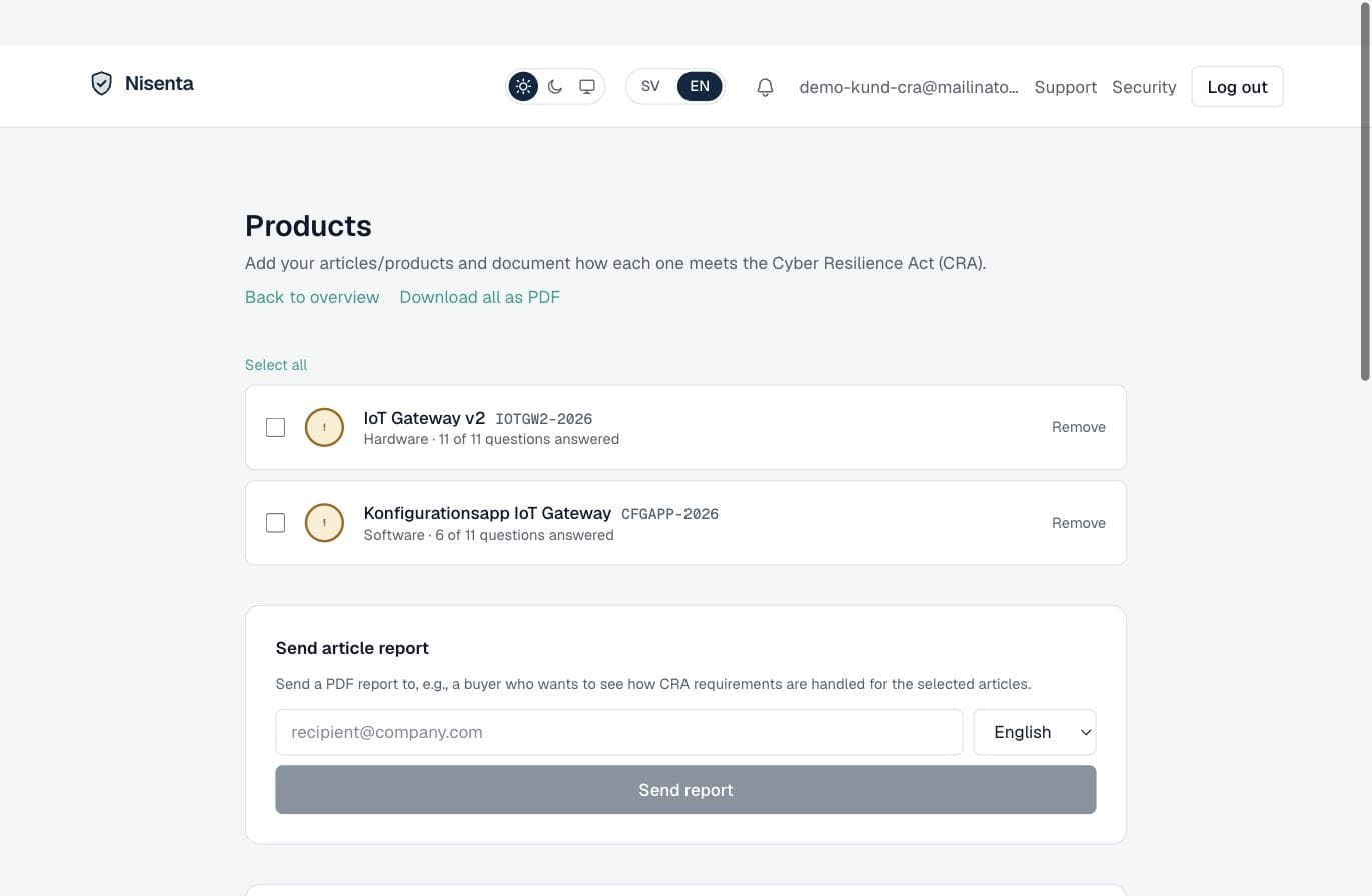 The CRA module with products, their status and the option to send an item report
