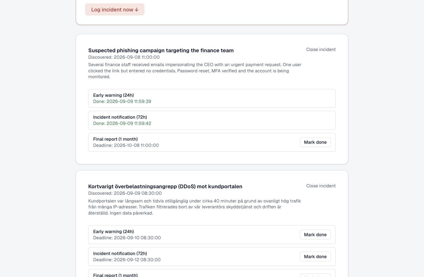 Incidents with the three NIS2 deadlines and their status