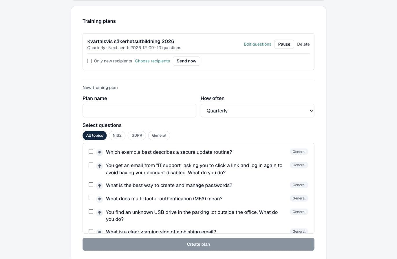 Training plan and question bank for recurring security quizzes