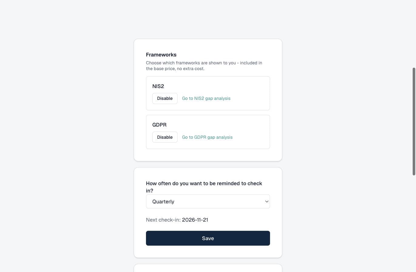 Settings with framework selection, review frequency and team